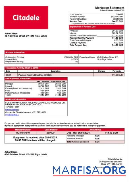 Blank Latvia Citadele banka mortgage statement Word and PDF template